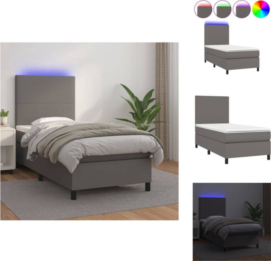 VidaXL Boxspring LED 203x90x118 128 cm Grijs Kunstleer Pocketvering Bed