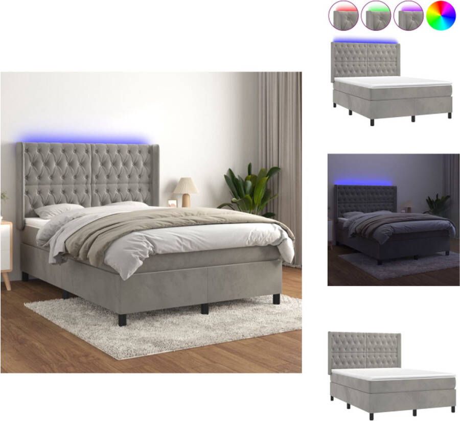 VidaXL Boxspring LED Fluweel Pocketvering Huidvriendelijk Lichtgrijs 193x147x118 128 cm 140x190x20 cm 140x190x5 cm Bed