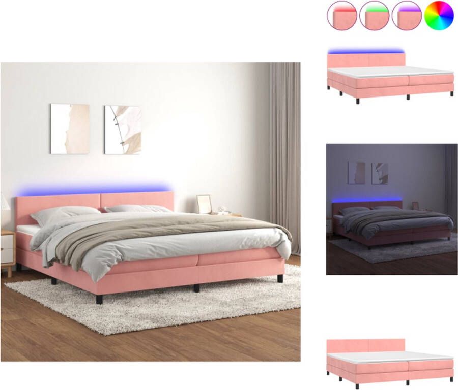 VidaXL Boxspring LED Fluwelen stof Hoofdbord Pocketvering Huidvriendelijk Roze 203x200x78 88 cm 100x200x20 cm 200x200x5 cm LED-strips Bed