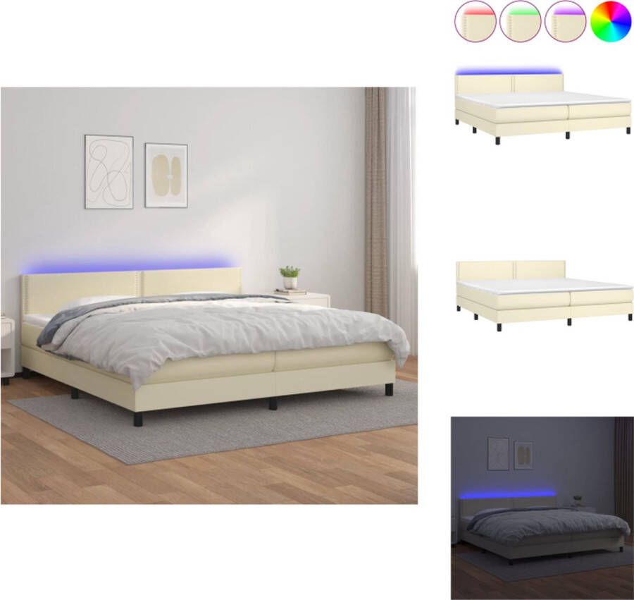 VidaXL Boxspring LED Kunstleren Bedframe 203 x 200 cm Pocketvering Matras Huidvriendelijk Topmatras Crème Bed