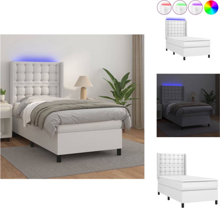 VidaXL Boxspring LED-verlichting Kunstleren bedframe Pocketvering matras Huidvriendelijk topmatras Wit 203 x 93 x 118 128 cm Bed