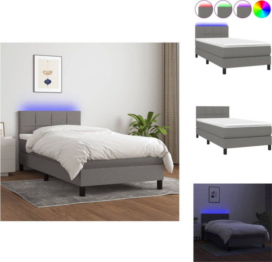 VidaXL Boxspring LED-verlichting Pocketvering Huidvriendelijk topmatras Donkergrijs 203x100x78 88cm 100x200x20cm 100x200x5cm LED-strip Bed