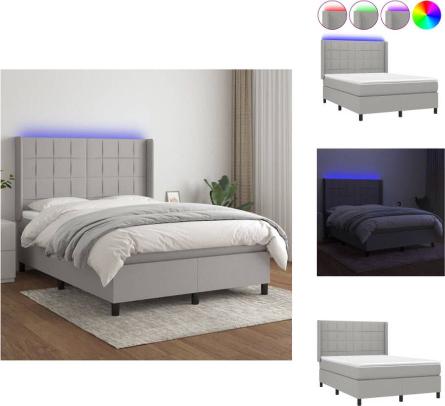 VidaXL Boxspring LichteGrijs 203x147x118 128cm Verstelbaar Hoofdbord Inclusief Matras en LED Bed