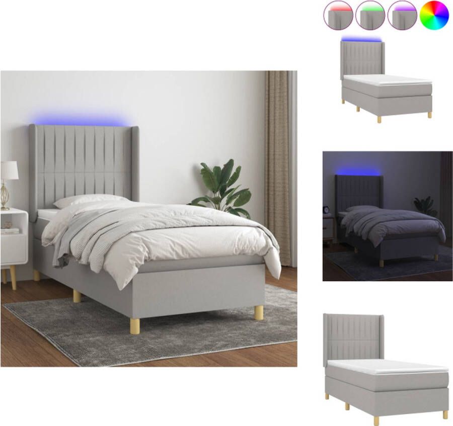 VidaXL Boxspring Matras LED 90x200 Lichtgrijs Hoogte verstelbaar Pocketvering Huidvriendelijk Bed