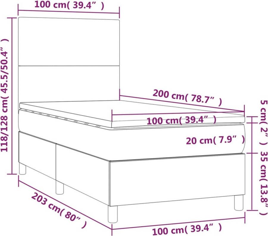 Vida XL Boxspring met matras en LED fluweel lichtgrijs 100x200 cm SKU: V3135987