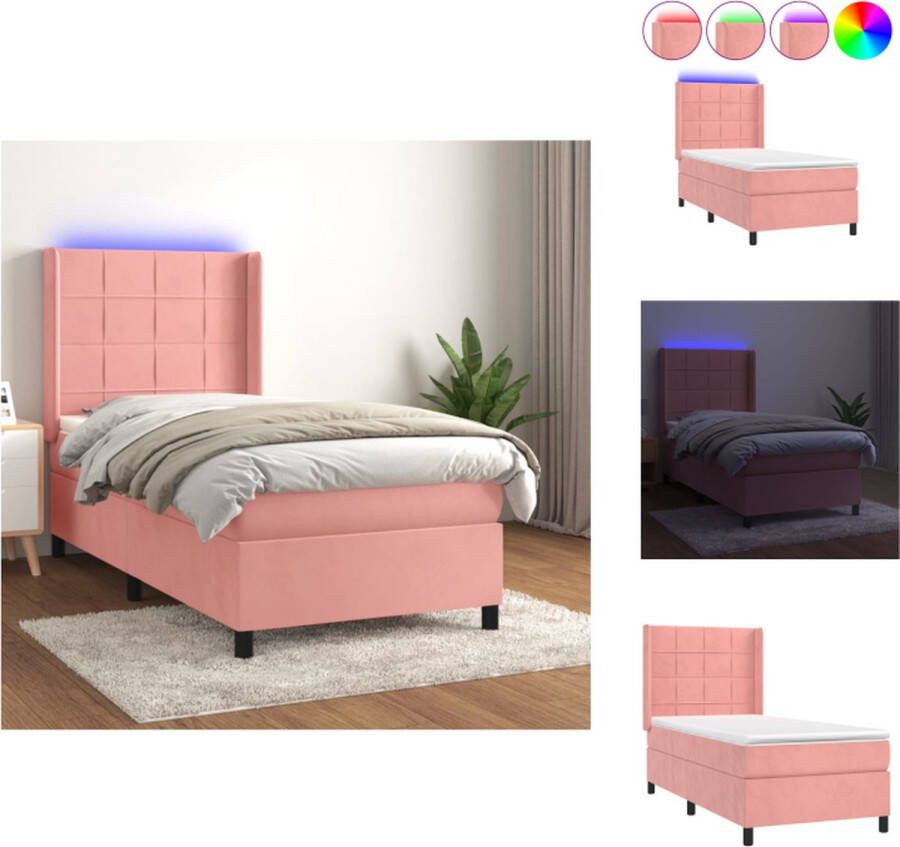 VidaXL Boxspring Roze fluweel 203 x 83 x 118 128 cm Verstelbaar hoofdbord LED-verlichting Pocketvering matras Huidvriendelijk topmatras Bed