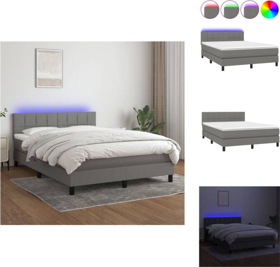 VidaXL Boxspring Set Donkergrijs 193 x 144 x 78 88 cm Verstelbaar hoofdbord LED-verlichting Pocketvering matras Huidvriendelijk topmatras USB-aansluiting Bed