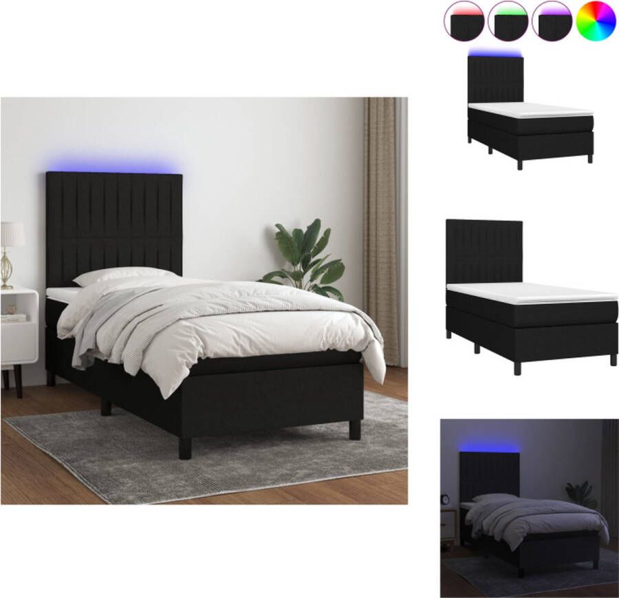 VidaXL Boxspring Slaapkamer 203 x 100 cm Duurzaam stof Verstelbaar hoofdbord LED-verlichting Pocketvering matras Huidvriendelijk topmatras Zwart Bed