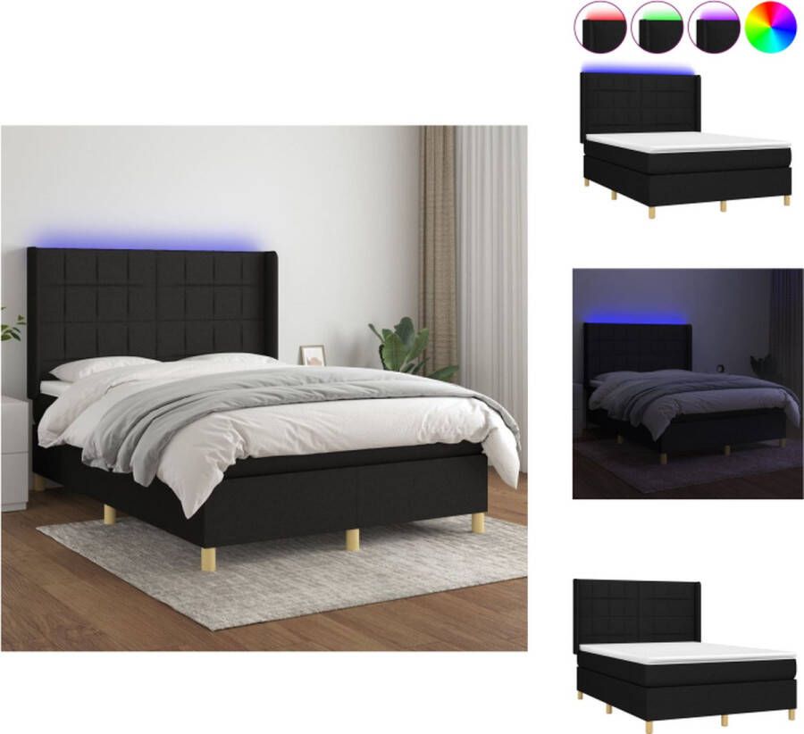 VidaXL Boxspring Zwart 140 x 200 cm LED Pocketvering Matras Huidvriendelijk Topmatras Bed