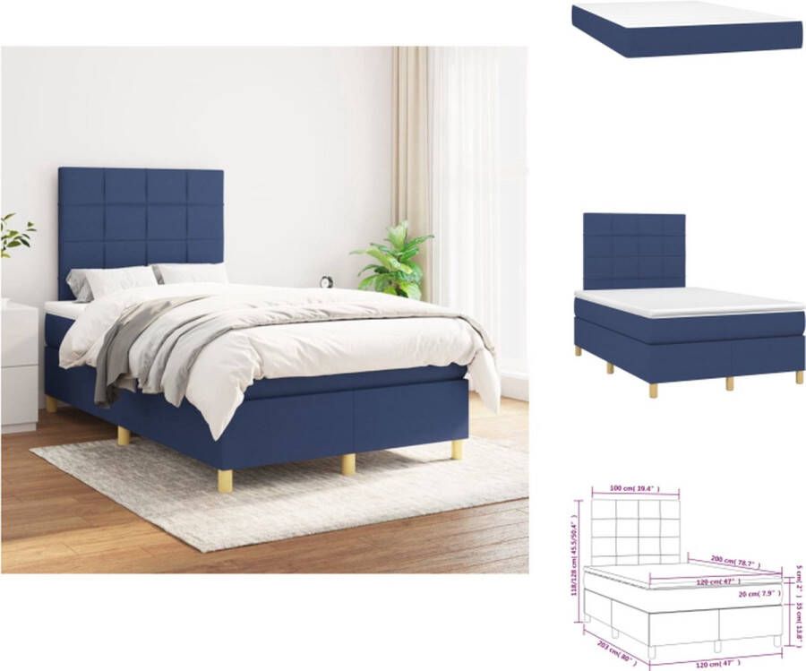 VidaXL Boxspringbed Bed 203 x 120 x 118 128 cm Blauw stof Pocketvering matras Huidvriendelijk topmatras Bed