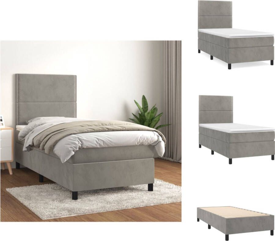 VidaXL Boxspringbed Zacht fluweel Praktisch hoofdbord Pocketvering matras Middelharde ondersteuning Huidvriendelijk topmatras Lichtgrijs 203x100x118 128 cm 100x200x20 cm 100x200x5 cm Bed