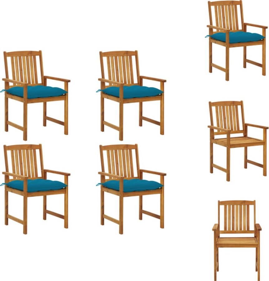 VidaXL Buitenstoelen Gelatté hout Rustieke charme Massief acaciahout Blauwe kussens 61x57x92cm 48x46cm zitting 43.5cm zithoogte 50x50x7cm kussen Montage vereist 4 stoelen 4 zitkussens Tuinstoel