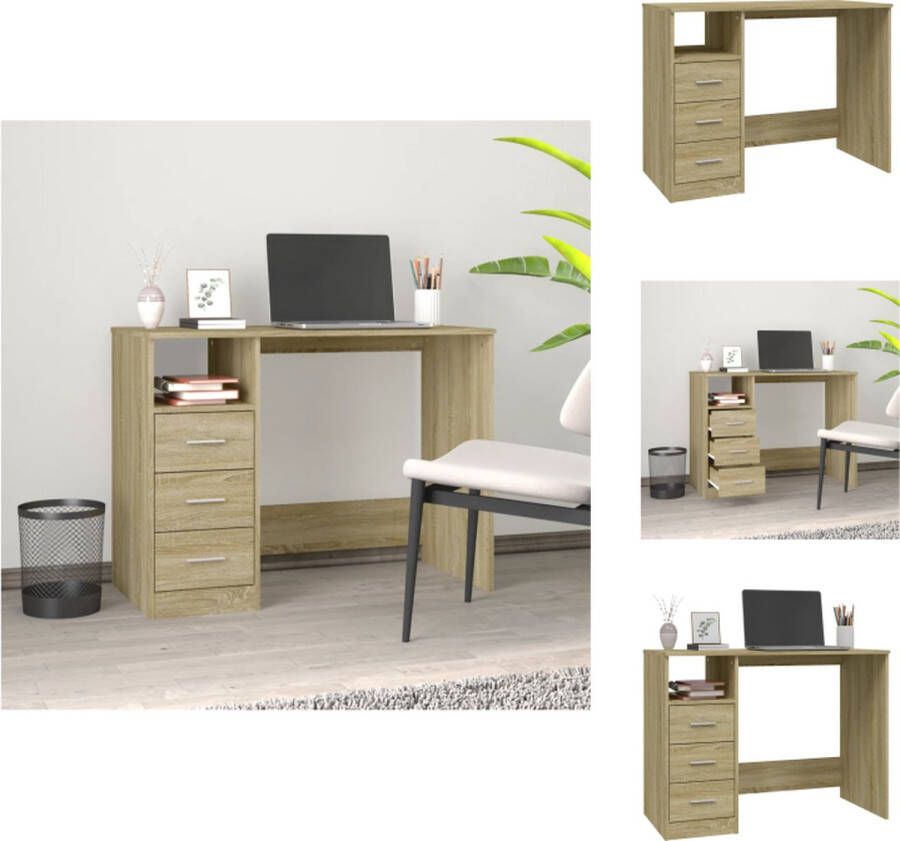 VidaXL Bureau Sonoma Eiken 102x50x76 cm Met 3 lades en 1 open vak Bureau