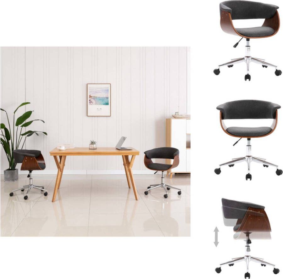 VidaXL Draaibare Kantoorstoel Stof Grijs 59.5 x 58 x (66-74) cm Ergonomisch Verstelbaar Houten Frame Bureaustoel