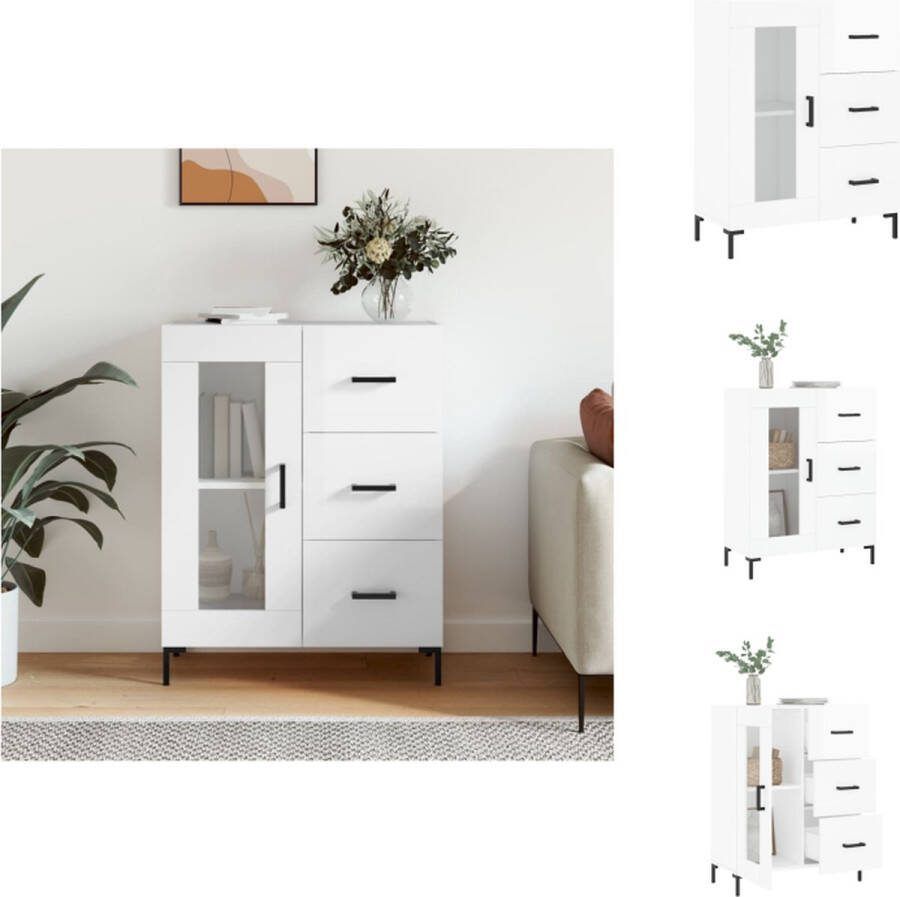 VidaXL Dressoir 3 Lades en Glazen Deur 69.5 x 34 x 90 cm Hoogglans Wit Keukenkast