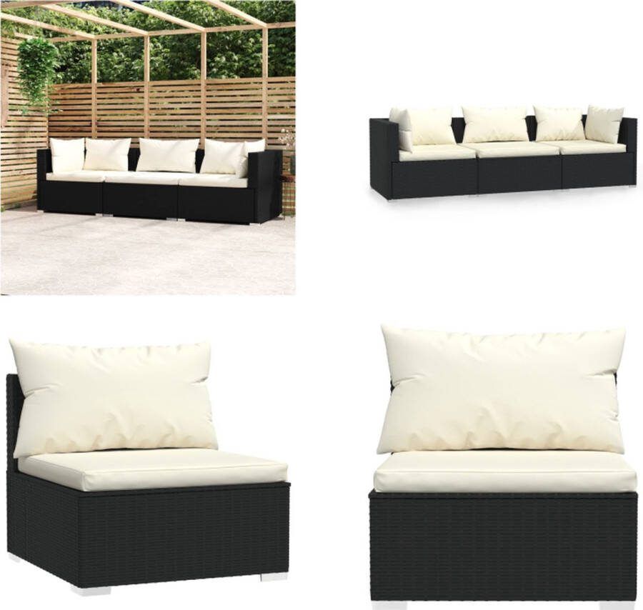 VidaXL Driezitsbank met kussens poly rattan zwart Driezitsbank Driezitsbanken Tuinbank Sofa