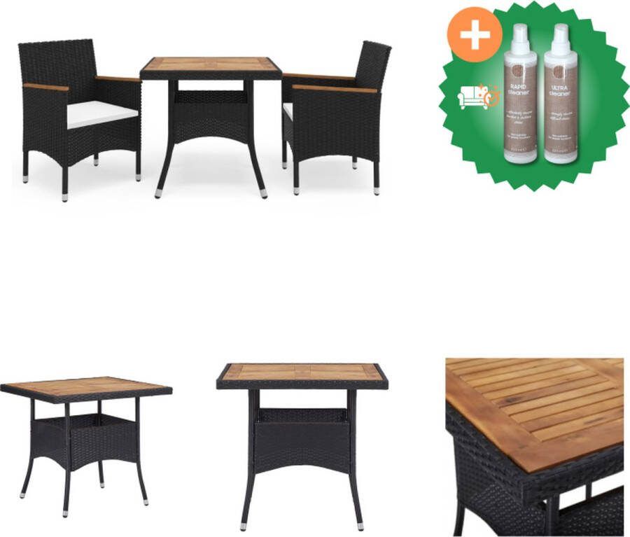 VidaXL Eethoek 3-delig Tafel 80x80x75 cm Stoel 53x58x84 cm Zwart Bruin Poly rattan acaciahout staal Tuinset Inclusief Onderhoudsset