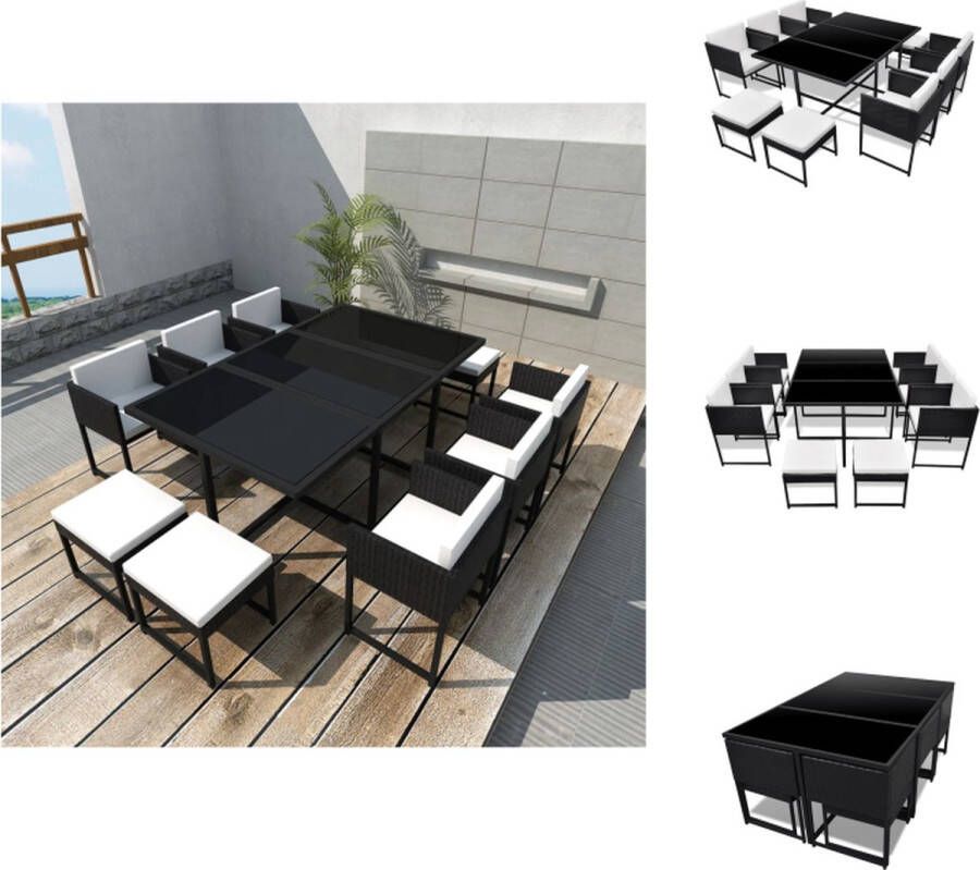 VidaXL Eethoek Rattan 165x109x72 cm Inclusief 1 tafel 6 stoelen 4 krukjes Zwart 10 zitkussens 6 rugkussens Tuinset