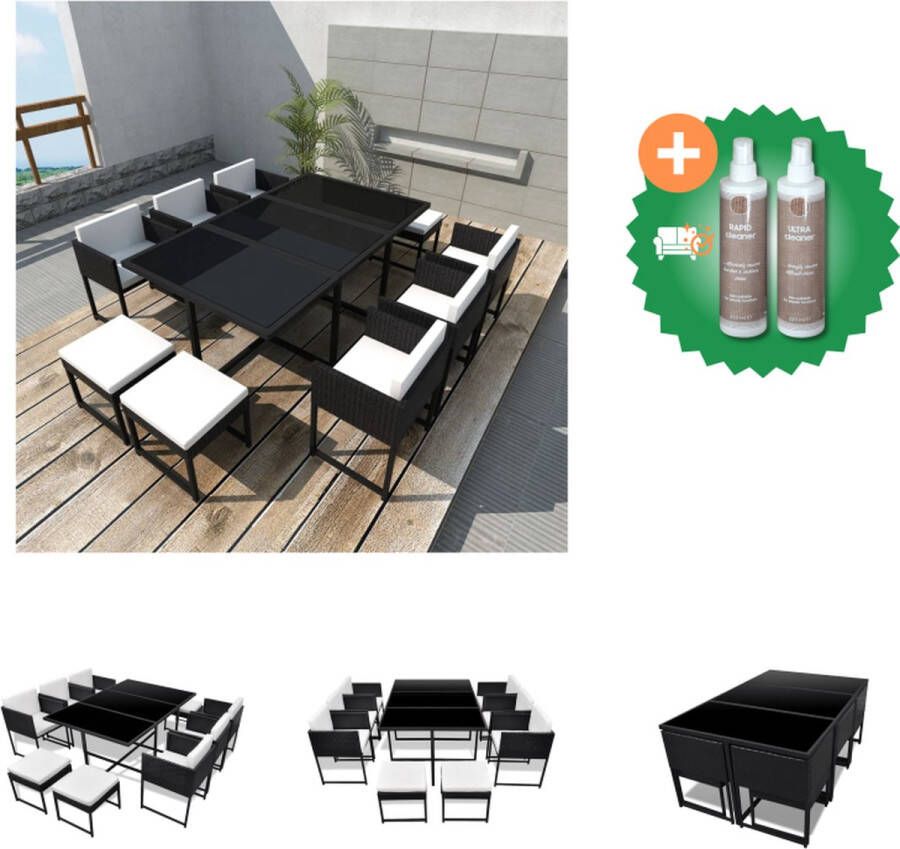 VidaXL Eethoek Rattan 165x109x72 cm Inclusief 1 tafel 6 stoelen 4 krukjes Zwart 10 zitkussens 6 rugkussens Tuinset Inclusief Onderhoudsset