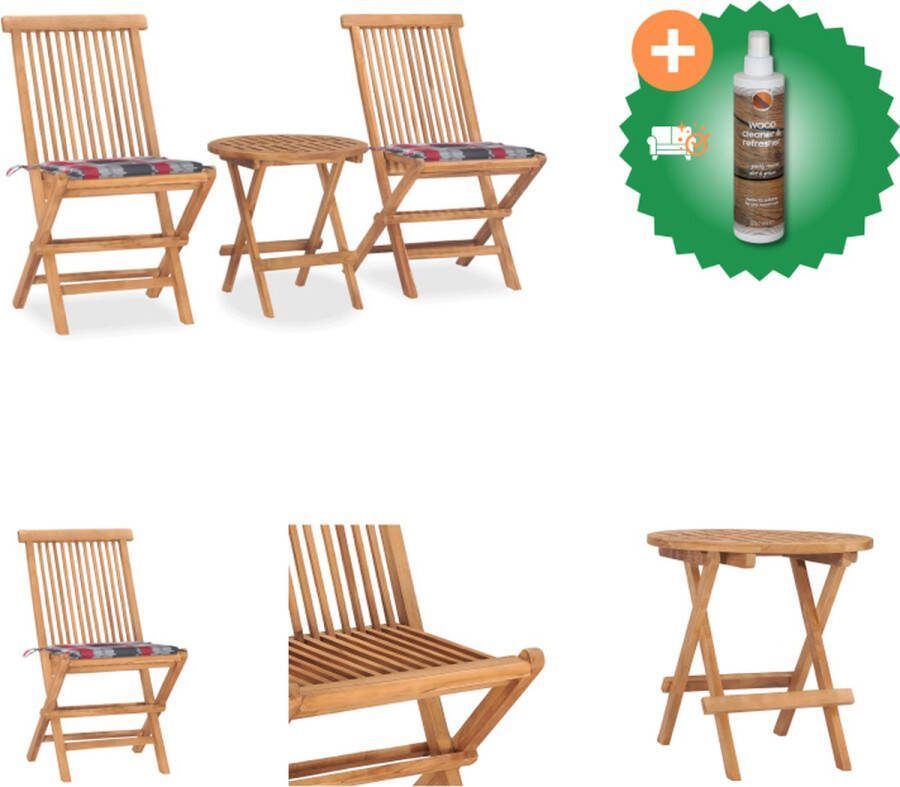 VidaXL Eethoek Teakhout Tuintafel Stoelen 50 x 50 cm Ruitkussen Tuinset Inclusief Houtreiniger en verfrisser