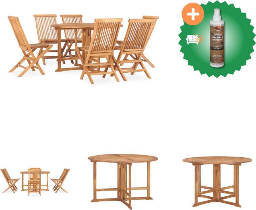 VidaXL Eethoek Teakhouten Eettafel 120 x 75 cm (ø x H) + 6 Klapstoelen Tuinset Inclusief Houtreiniger en verfrisser