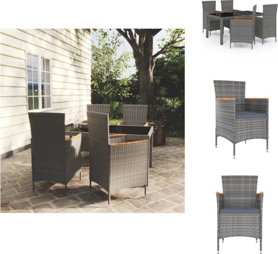 VidaXL Eethoek Tuinset 150x90x75 zwart poly rattan gepoedercoat staal gehard glas grijs donkergrijs 1 tafel 4 stoelen 4 zitkussens Tuinset