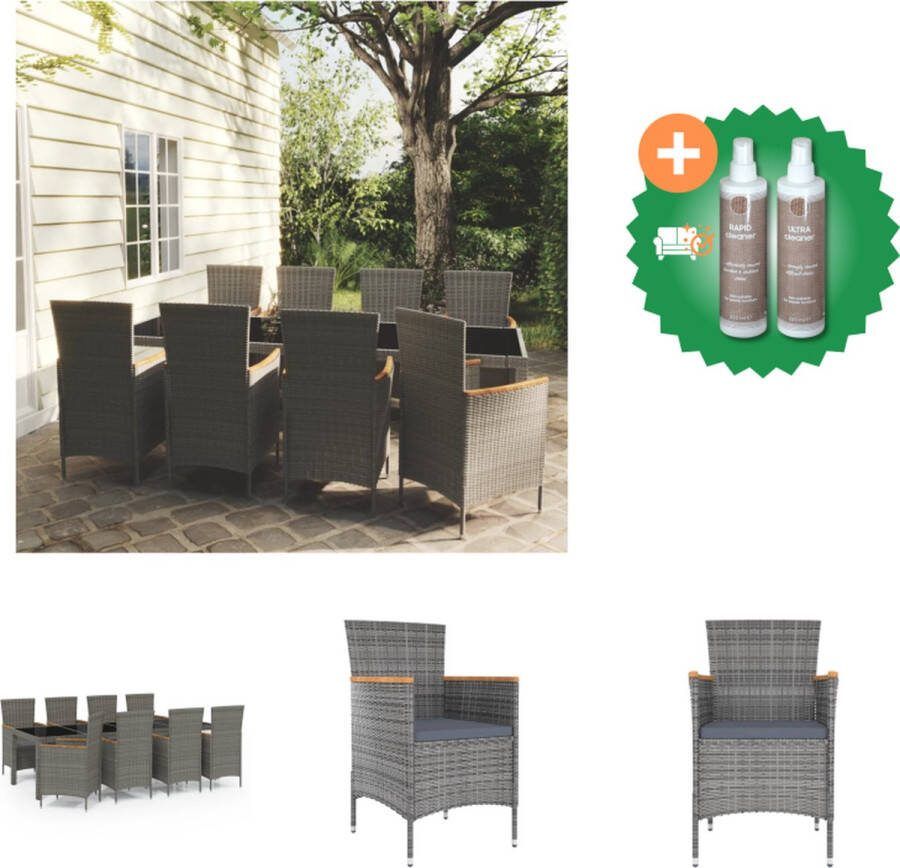 VidaXL Eethoek Tuinset 250x100x75 cm Zwart Poly rattan Staal Glas Grijs Kussen Acaciahout 1 tafel 8 stoelen 8 kussens Tuinset Inclusief Onderhoudsset