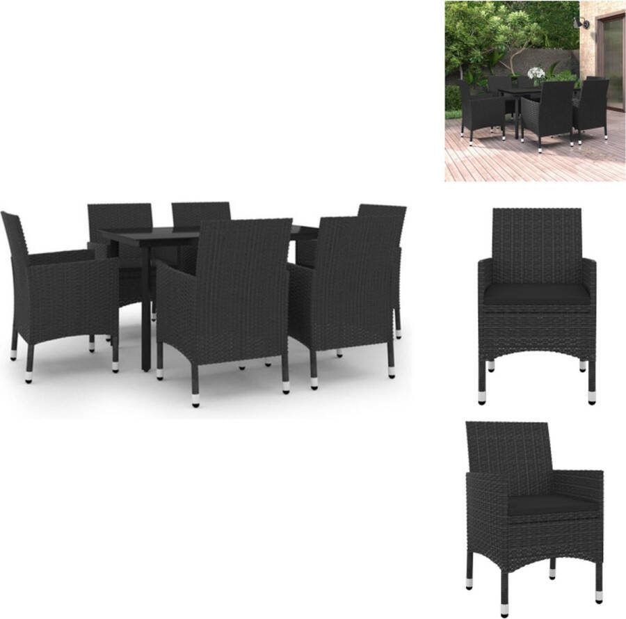 VidaXL Eethoek zwart PE-rattan en glas 140 x 70 x 74 cm weerbestendig 6 stoelen met kussens Tuinset