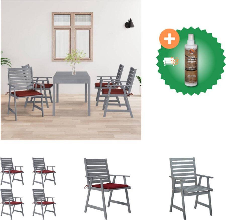 VidaXL Eetkamerstoel Acaciahout 56 x 62 x 92 cm Wijnrood kussen Tuinstoel Inclusief Houtreiniger en verfrisser