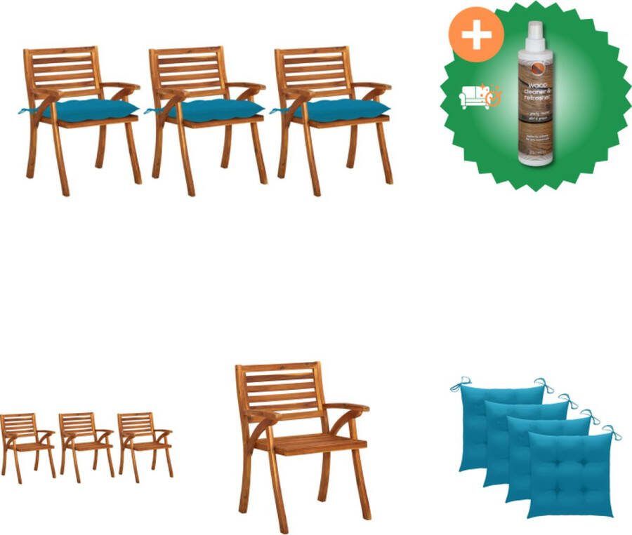 VidaXL Eetkamerstoel Massief Acaciahout 59 x 59 x 87 cm Blauw Kussen Tuinstoel Inclusief Houtreiniger en verfrisser