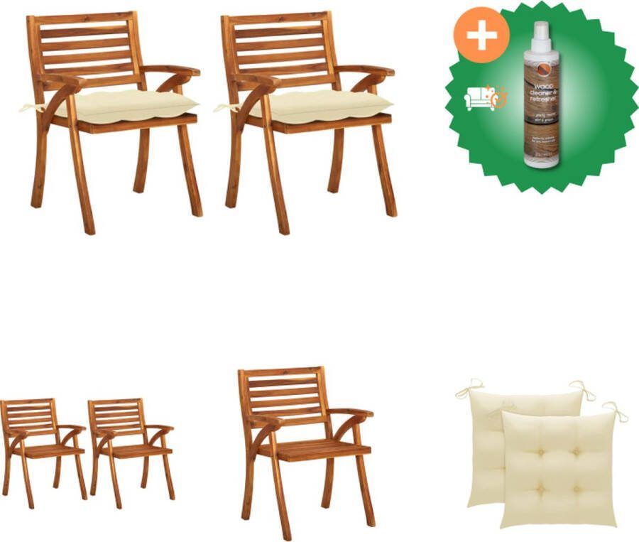 VidaXL Eetkamerstoel Massief Acaciahout 59 x 59 x 87 cm Crème Kussen Tuinstoel Inclusief Houtreiniger en verfrisser