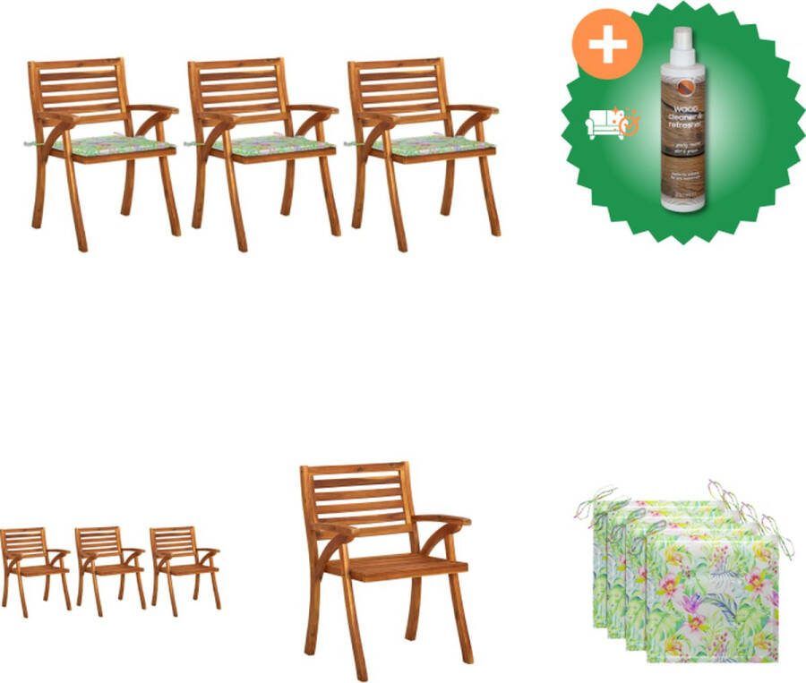 VidaXL Eetkamerstoel Massief Acaciahout 59 x 59 x 87 cm Met Kussen Bladpatroon Tuinstoel Inclusief Houtreiniger en verfrisser