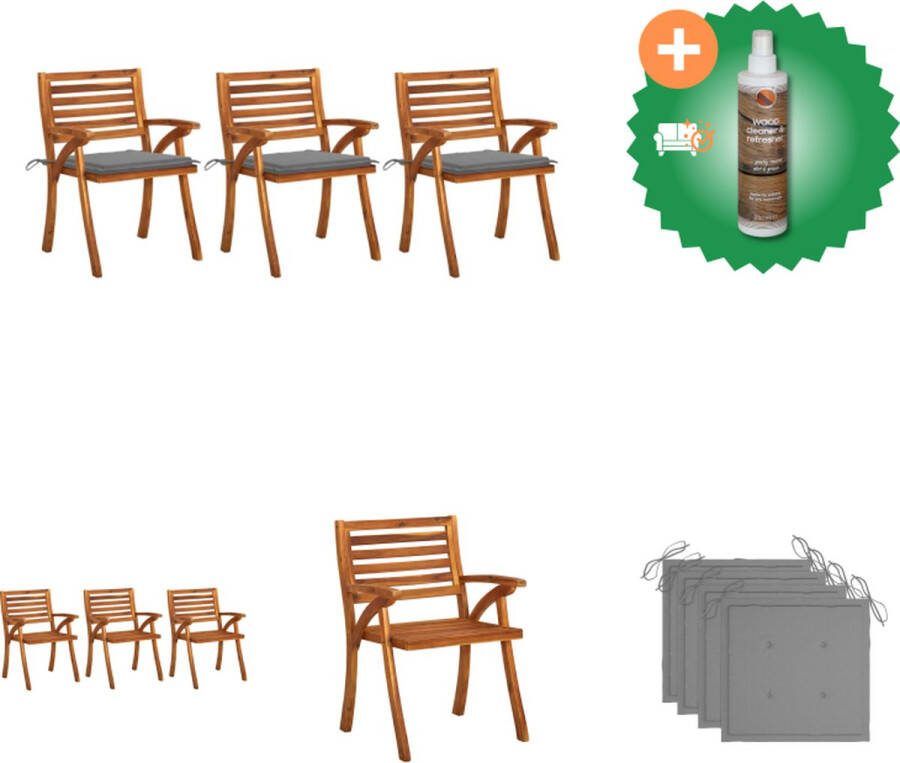 VidaXL Eetkamerstoel Massief Acaciahout Grijs Kussen 59 x 59 x 87 cm Montage vereist Tuinstoel Inclusief Houtreiniger en verfrisser