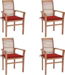 VidaXL Eetkamerstoelen 4 st met rode kussens massief teakhout