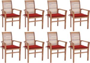 VidaXL Eetkamerstoelen 8 st met rode kussens massief teakhout