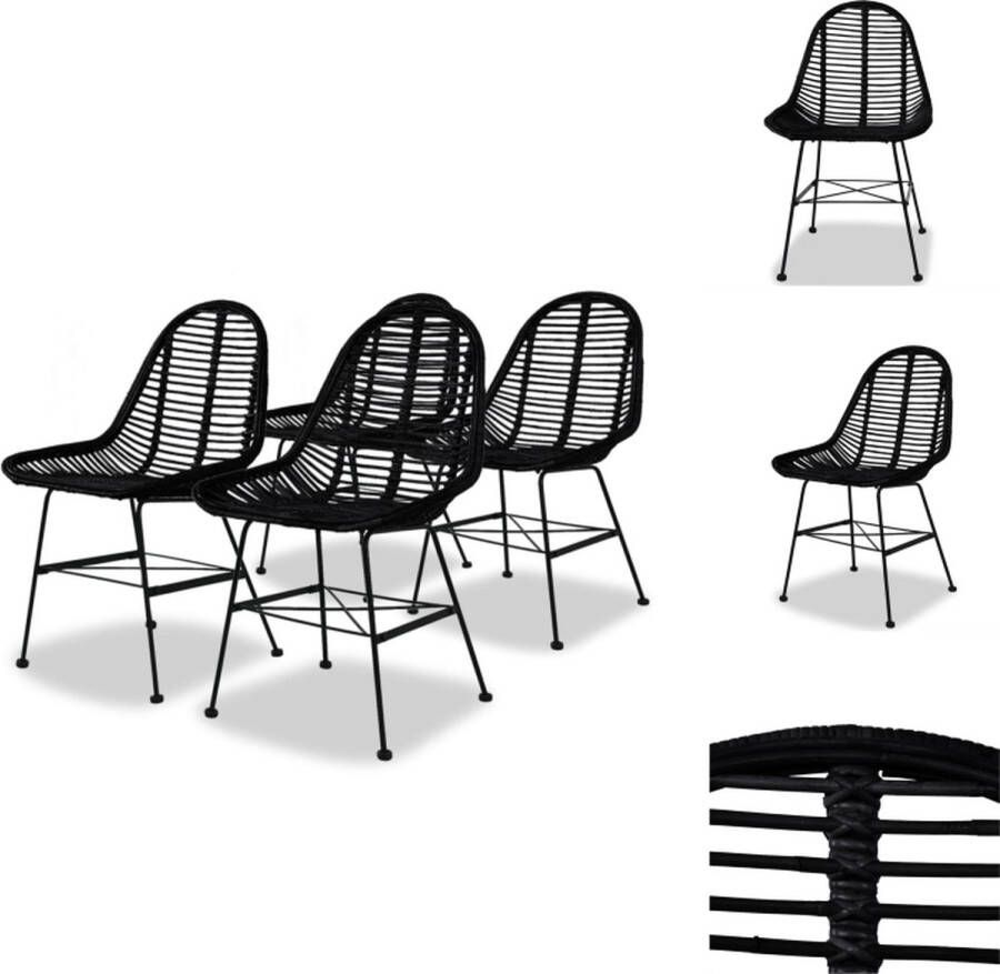 VidaXL Eetkamerstoelen Koloniale Stijl Set van 4 Zwart 49 x 56 x 84 cm Natuurlijke Rattan Zitting Smeedijzeren Poten Eetkamerstoel