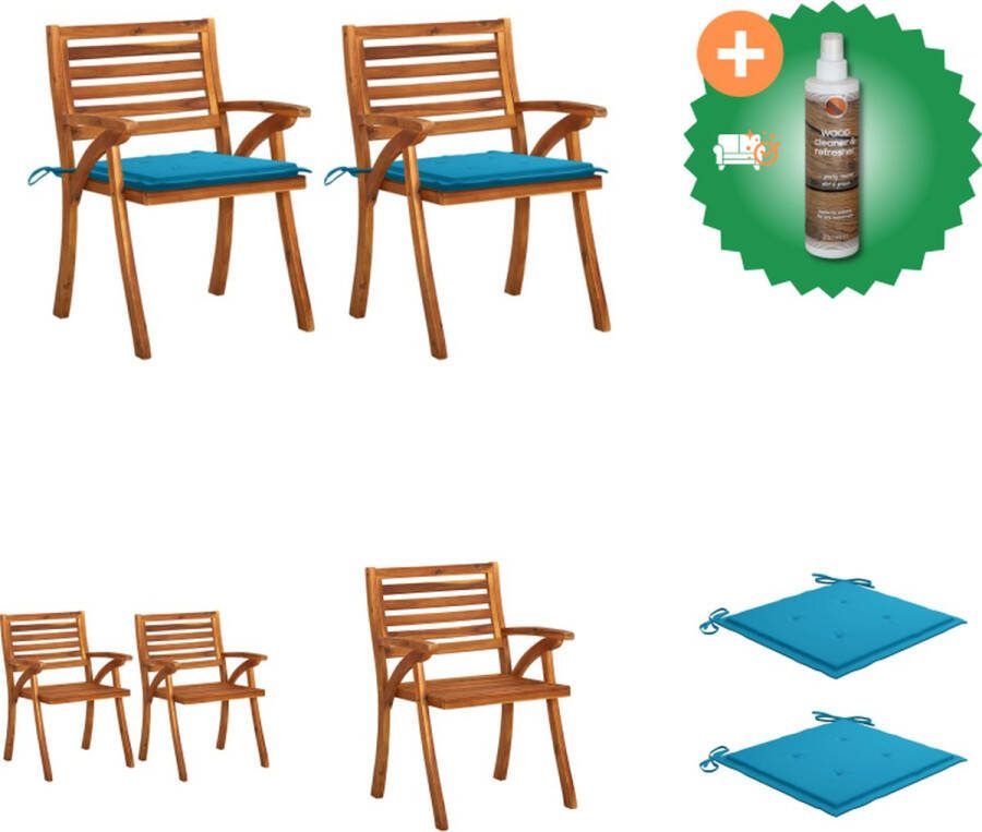 VidaXL Eetkamerstoelen Massief Acaciahout Blauwe Kussens 59 x 59 x 87 cm Montage vereist 2 stuks Tuinstoel Inclusief Houtreiniger en verfrisser