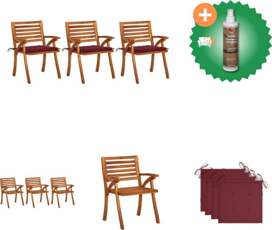 VidaXL Eetkamerstoelen Massief acaciahout Stoelen met kussen Wijnrood 59x59x87 cm Tuinstoel Inclusief Houtreiniger en verfrisser