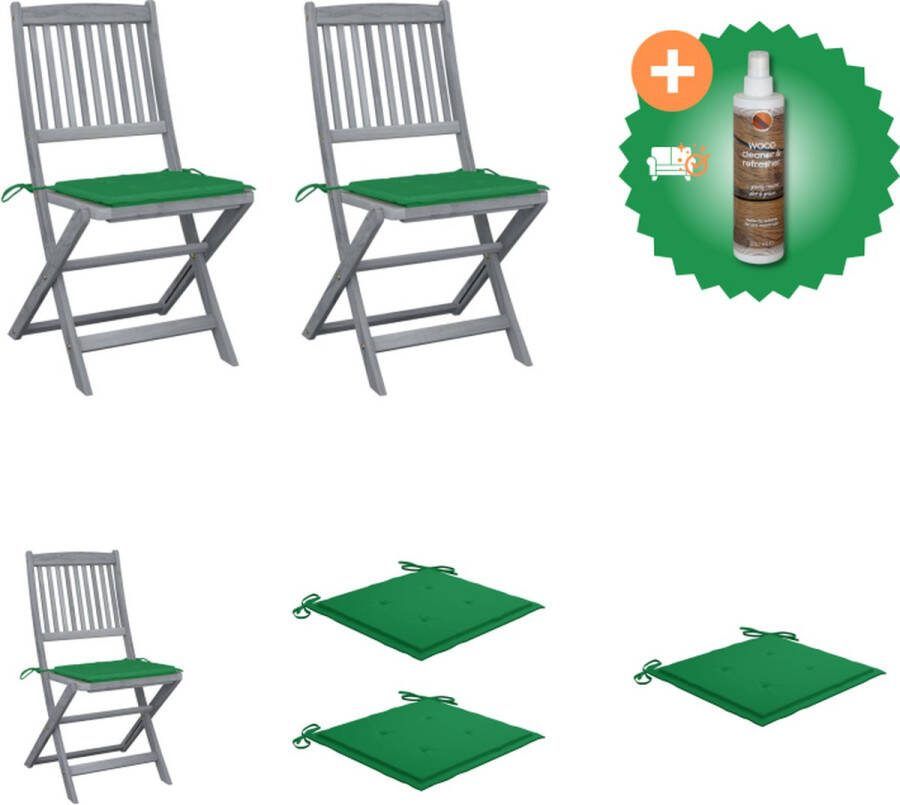 VidaXL Eetstoelen Acaciahout Greywash Inklapbaar Set van 2 Groene kussens 48.5 x 57 x 91 cm Tuinstoel Inclusief Houtreiniger en verfrisser