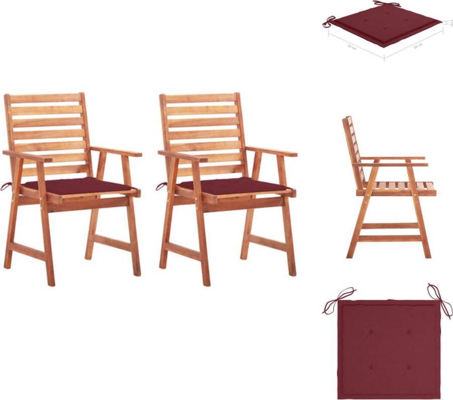 VidaXL Eetstoelenset Acaciahout 56 x 62 x 92 cm Gelat ontwerp Incl kussens Wijnrood Tuinstoel