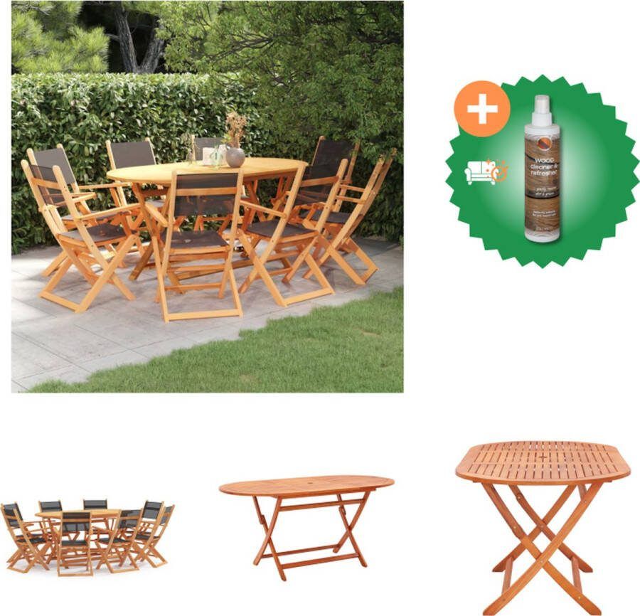VidaXL Eettafelset Massief Eucalyptushout 160 x 85 x 75 cm Zwart Textileen Inklapbaar 8 klapstoelen Tuinset Inclusief Houtreiniger en verfrisser