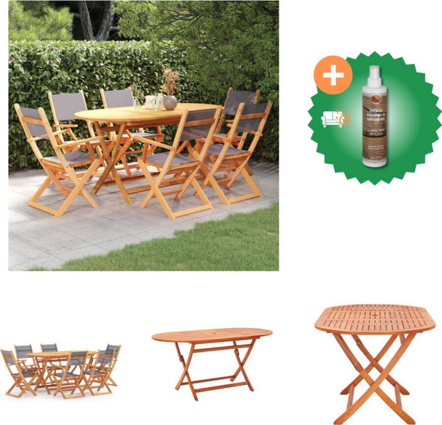 VidaXL Eettafelset Massief eucalyptushout Inklapbaar Weerbestendig Grijs 160 x 85 x 75 cm 6 klapstoelen Tuinset Inclusief Houtreiniger en verfrisser