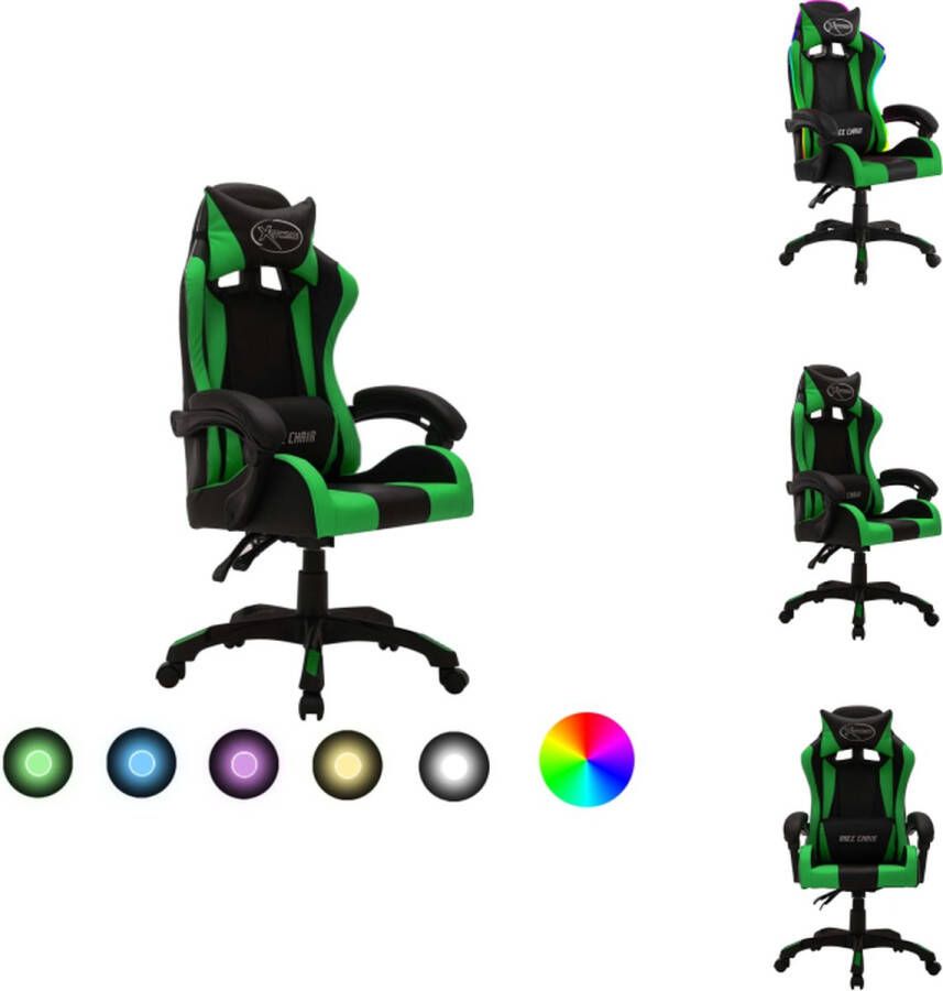 VidaXL Gamestoel Luxe en verstelbare bureaustoel Kunstleren bekleding Groen zwart 64x65x(111.5-119) cm Met LED-verlichting Bureaustoel