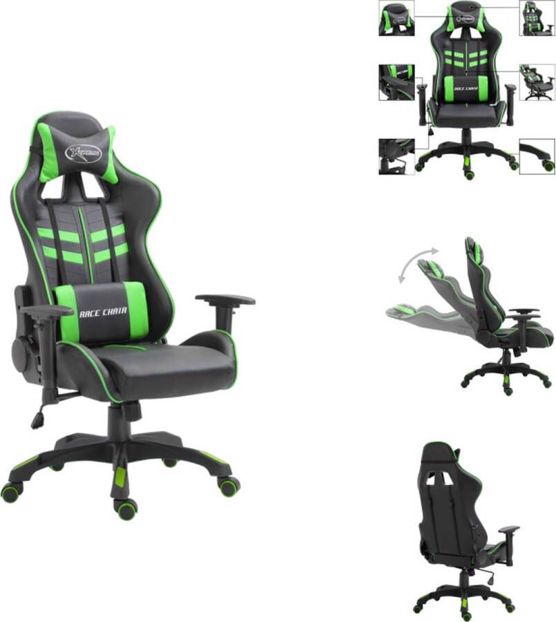 VidaXL Gamingstoel Opvallend Luxe Ergonomisch Zwart Groen 68.5 x 68 x (118-125)cm Verstelbaar 360 graden Nylon zwenkwielen PU PVC PP Incl kussens Bureaustoel