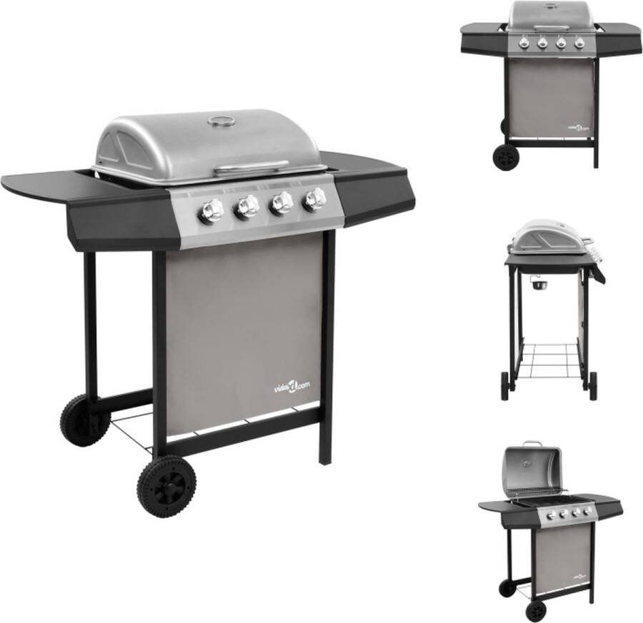 VidaXL Gasbarbecue 4 branders Groot kookoppervlak Robuuste kap met thermometer Zijtafels Vetopvangbak Duurzaam Schap voor opbergen Zwenkwielen Inclusief barbecuehoes Kleur- zwart zilver Barbecue