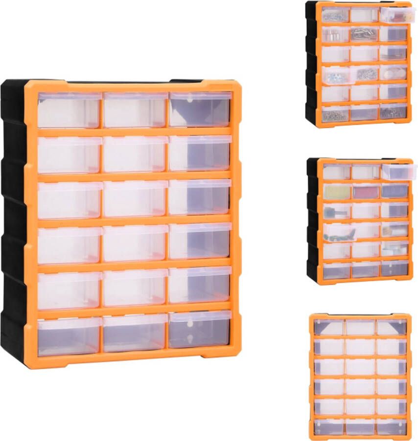 VidaXL Gereedschapsorganiser 18 medium lades Slagvast kunststof Transparante lades Wandmontage mogelijk 38 x 16 x 47 cm (L x B x H) Oranje en zwart Gereedschapskoffer