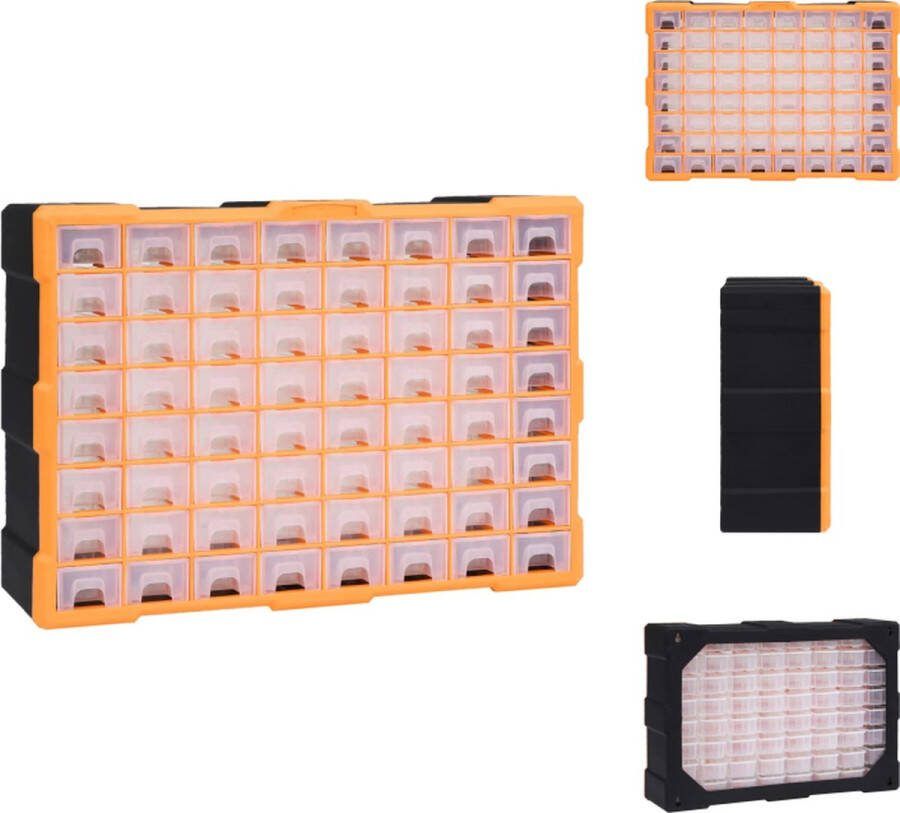 VidaXL Gereedschapsorganiser 64 kleine lades Slagvast kunststof Transparante lades Muurmontage mogelijk Oranje Zwart PP 52 x 16 x 37.5 cm (LxBxH) Gereedschapskoffer