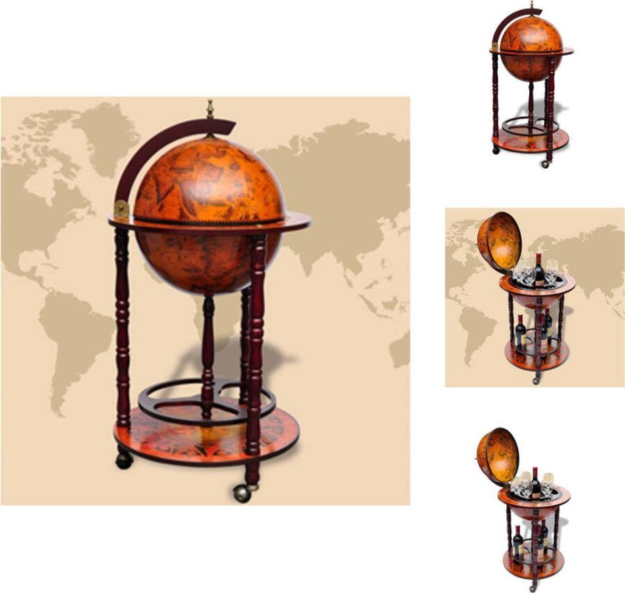 VidaXL Globebar Elegante houten bar 36 cm diameter Massief eucalyptushout Oude wereldkaart Op wieltjes Wijnrek