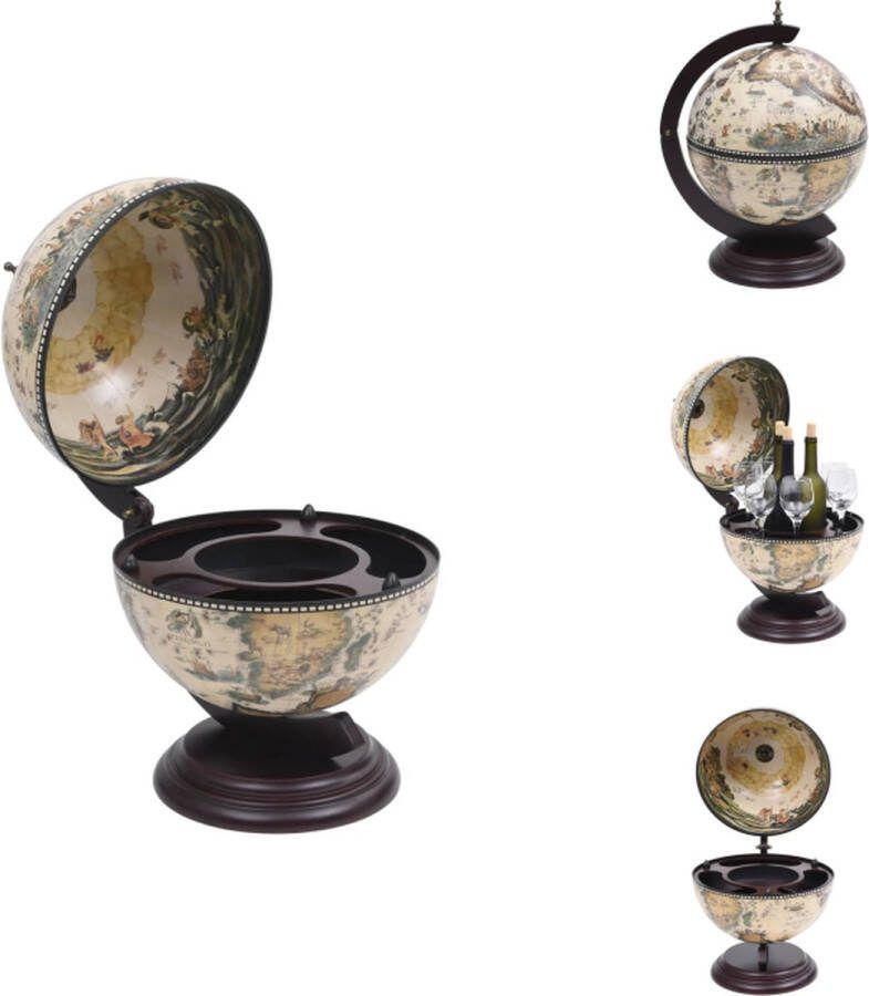 VidaXL Globebar Eucalyptus Houten Bar 38x33x48 cm Replica 16e Eeuwse Zeekaart Antieke Fresco Draaibaar Wit Bruin Wijnrek