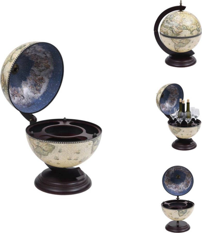 VidaXL Globebar Wereldkaart Massief hout 38 x 33 x 48 cm Groen en bruin Replica zeekaarten Antieke frescos Noord- en zuidas draaibaar 3.2 kg netto Montage vereist Wijnrek